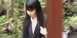 Black-haired teen girl getting fully revealed when sharking fella grabs her skirt