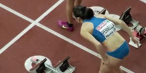 Ravishing Italian sportswoman runs on the athletic track