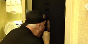 GLORYHOLE HOOKUPS - Gloryhole amateur DILF sucks and wanks BFs penis at home