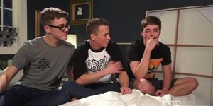 Brunette twink threesome with cumshot