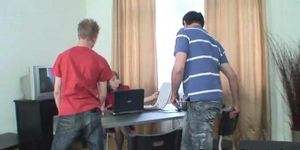 GRANDMA FRIENDS - Mature boss takes two cocks at office