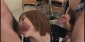 Mosaic: Asian redhead sucking multiple cocks