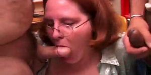 CHUBBY LOVING - Cute chubby redhead sucks two cocks