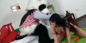 PANDA FUCK - Sexy brunette girl in red tempts Panda
