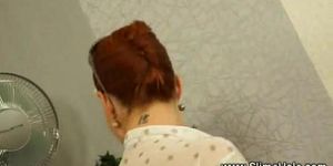 Femdom babe sprays babes with her strapon