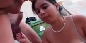Sweet Latina slut sucks two big cocks