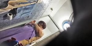 Fat mother puts on clothes after taking a quick shower