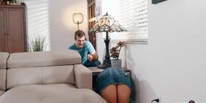 Boy fools around with the stuck under table chick