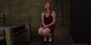 Bound blonde enjoys huge toys