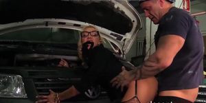Adorable Euro MILF fucks two mechanics in hard threesome (Ginger Hell)