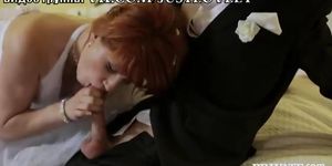 redhead bride in white stockings fucks two guys