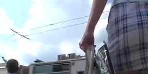 Brunette Hair girl in bus upskirt video