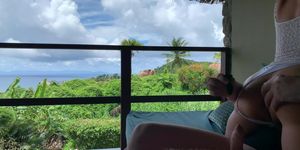dick bouncing on a public balcony on honeymoon in paradise