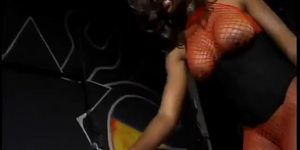 Nyomi Banxxx bends over a slaveboy for butt flogging then has him lick her boots
