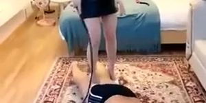 Chinese mistress punishing handcuffed slave