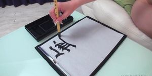 Japanese brunette Renka Shimizu writes while footjob a rough cock uncensored.