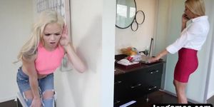 Two blonde girls sucking a big strap on
