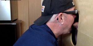 Jizz loving DILF sucks cock of his BF in amateur gloryhole