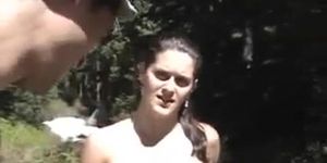 Voluptuous brunette MILF is getting ass fingered and pussy fucked outdoors