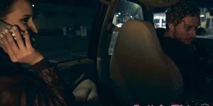 Deepthroating girl fucking cock in the car
