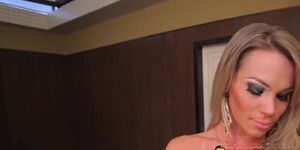 Tanlined latina tgirl jerking her dick bts