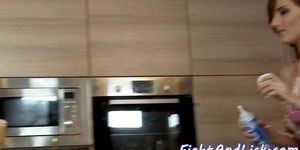 Euro lesbos pussylicking after a cake fight