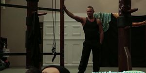 Dark haired honey enjoy blowing trainer boner