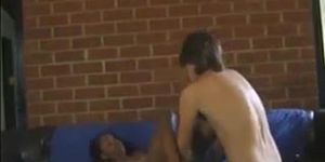Shaved black teen taking white dick in her ass