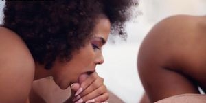 Hot black bitches love sharing big dick in threesome fuck