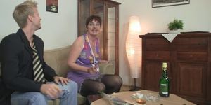 GRANNYBET - Old bitch in black stocking rides his horny cock