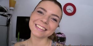 Busty teen gags on cock