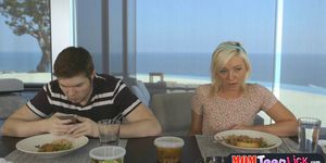 Mom eats out teen girlfriends pussy during family lunch (Cleo Vixen, Nina Elle)