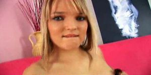 Hot blonde teen babe awesome blowjob on her sofa