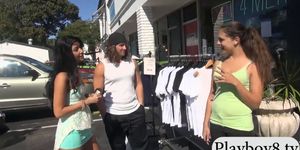 Sexy babes flash their tits for money