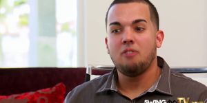 Swinger big titted Latin wife knows that guys from the group feel tempted to make a lustful tit fuck
