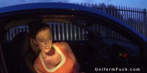 Fake cop bangs blonde in container office