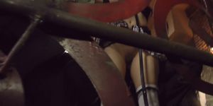 Busty slave pissing in public bar