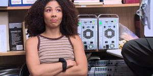 Ebony teen thief with an afro busted stealing and fuck