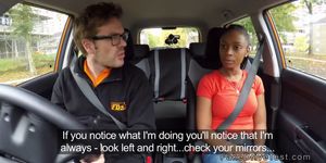 Natural busty ebony fucks instructor in his car