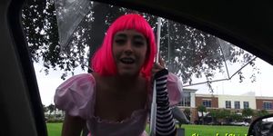Busty teen facialized after hitching a ride
