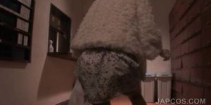 Cute asian girl in cosplay working loaded shaft on knees