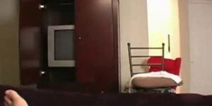 Cutie With A Tiny Bush Strips and Jerks Off Her Guy