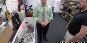 Desperate hairy thief sucked two monster cocks in the pawnshop