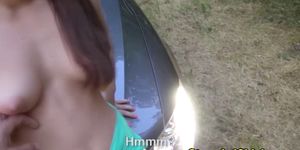 Young hitchhiker bouncing on drivers cock