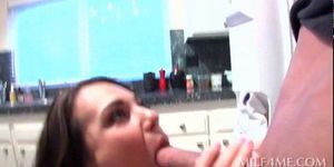 MILF on knees blowing hard shaft in kitchen