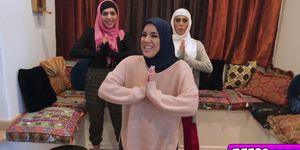 Hot Muslim besties feasting and sucking a big cock (Audrey Charlize, Monica Sage, Sophia Leone)