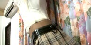 LADYBOY PLAYER - Ladyboy in miniskirt strips down and plays with shecock