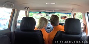 Natural busty blonde bangs in driving school