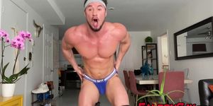 FALCON GAY - Muscle jock in jockstrap Skyy Know riding big fat dildo