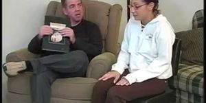 Nerdy girl spanked in brown trackies